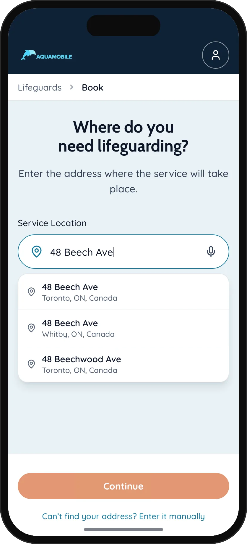 Phone showing the first booking step: entering the pool address for lifeguarding