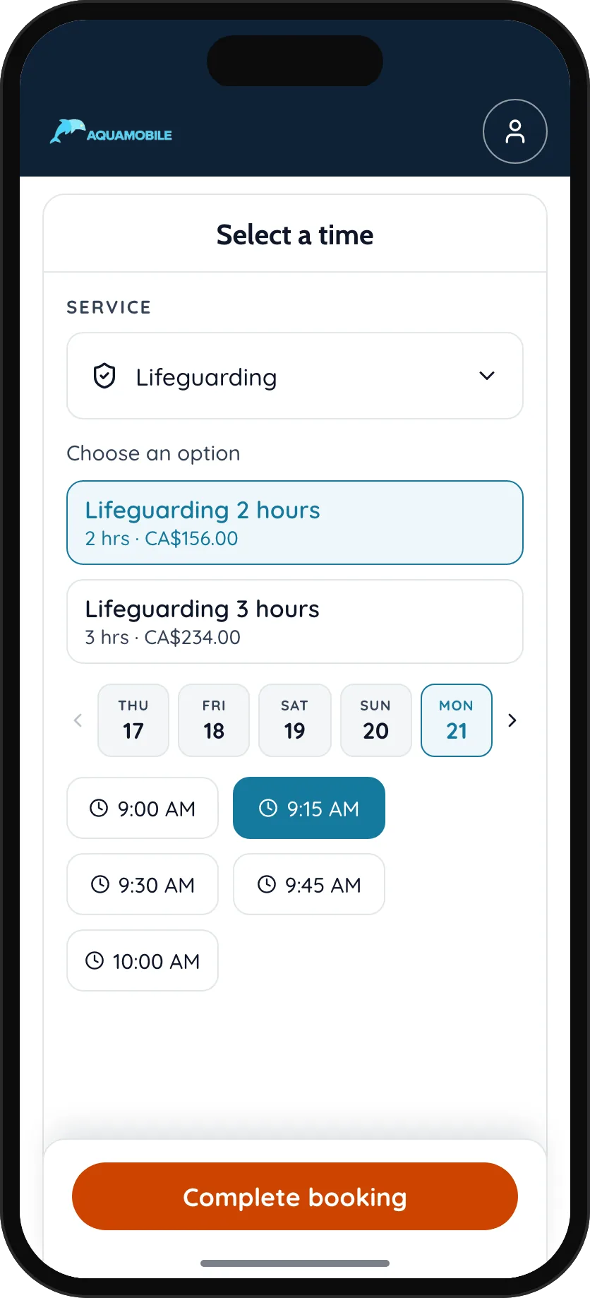 Phone showing the lifeguarding booking panel: session, day, time and price