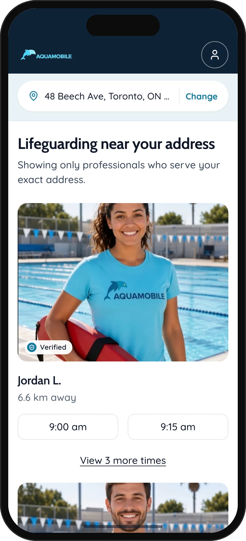 Phone showing verified lifeguards who serve the address, with their next available times