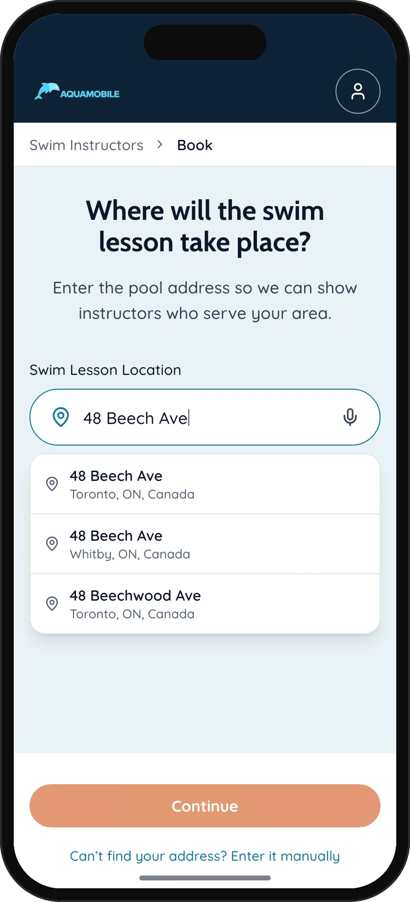 Phone showing the first booking step: entering the pool address for swim lessons