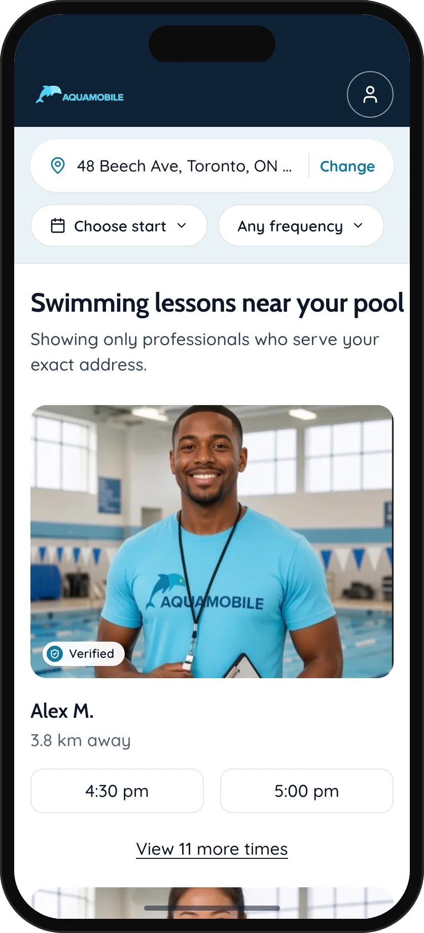 Phone showing verified swim instructors who serve the address, with their next available times